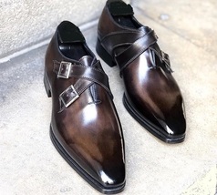 Men&#39;s Handmade Dark Brown Double Monk Leather Shoes, Men Dress Buckle Shoes - £110.93 GBP