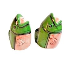 Fish Head Novelty Salt and Pepper Shakers Ceramic Green Pink Rubber Stop... - €12,25 EUR