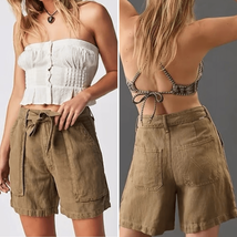 MOTHER The Chute Paperbag Shorts Linen Blend High Rise Olive Green $148 26 - $54.00
