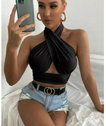 Sexy Women Sleeveless Slinky Cross Front Wrap Over Halter Neck Boob Crop... - $27.28 CAD