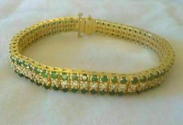 10 Ct Round Cut Emerald &amp; Diamond Women&#39;s Tennis Bracelet 14K Yellow Gold Finish - £130.99 GBP