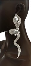 7.25&quot; Long Silver Tone Snake Serpent Statement Big Clear Rhinestones Earrings - £19.74 GBP