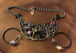 Betsey Johnson “Black Cat And Owl” Half Moon Bib Necklace, Earrings Set - $71.25