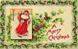 Red Suit Santa Treks Through SNOW-BAG Toys~A Merry CHRISTMAS~1912 Postcard - £8.02 GBP
