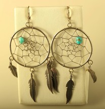 Vintage Sterling 925 Navajo Dream Catcher with Turquoise Stone Hook Earrings - £51.59 GBP