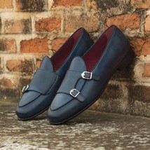 Handmade Men Navy Blue Color Double Buckle Straps Apron Toe Formal Dress Shoes - £120.26 GBP+