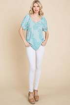 Sage Blue Check Plaid Short Bubble Sleeves Round Neck Top - £14.27 GBP