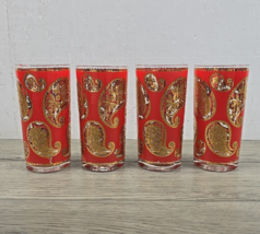 Vtg Culver Red w/ Gold Paisley Pattern 12 oz Flat Tumbler Glasses - Set ... - £45.77 GBP