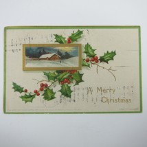 Christmas Postcard Snowy Cabin Holly Berries Clapsaddle Gold Embossed Antique - £7.88 GBP
