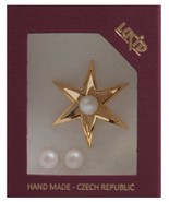 Star gold pin with Swarovski pearl and pearl earrings, gold brooch - £15.73 GBP