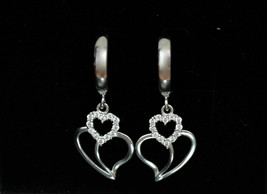 1.5CT Round Cut Diamond Double Heart 14K White Gold Over Dangle Huggie Earrings - £65.01 GBP