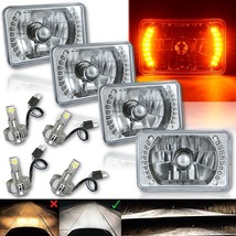 4X6&quot; Amber Halo DRL Headlight Headlamp w/ 6K LED Light Bulbs Crystal Clear Set - £149.46 GBP