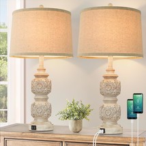 Farmhouse Table Lamps Set Of 2, 26 Tall Nightstand Lamps With Usb Ports, Washed  - £115.09 GBP
