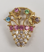 Vintage 1970&#39;s Monet Rhinestone Flower Basket Brooch Gold Tone - $17.89