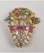 Vintage 1970&#39;s Monet Rhinestone Flower Basket Brooch Gold Tone - $17.89