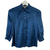 See By Chloe Size 4 Silk Blouse Blue Neck Tie Bow 3/4 Sleeve Classic Romantic - $56.05