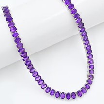 18Ct Oval Cut Lab-Created Amethyst Sleeping Tennis Necklace in 925 Silver 18&quot; - £179.84 GBP
