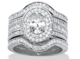 Oval Halo Cz Bridal 3 Ring Set Band Platinum Sterling Silver 6 7 8 9 10 - £95.63 GBP