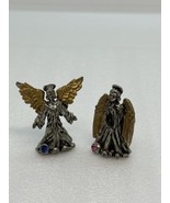 Set of 2 Vintage 1993 Miniature Pewter Angels With Gold Wings &amp; Crystal ... - £14.56 GBP