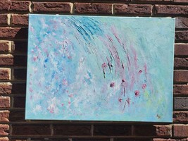 Original Modern Oil Painting Textured Wall Art 27.5x19.5 In Flowers Of Joy Teal - £35.96 GBP