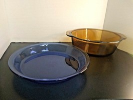 2 Pyrex 9&quot; Pie Plates 209 Amber Cobalt Blue Brown Round Bowl Dish 448 2L USA VTG - £11.57 GBP