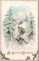 Joyous Christmas Boy Sledding with Tree 1914 to Lexington Maine Postcard Z1 - £7.82 GBP