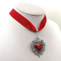 Goth Heart Velvet Choker Vintage Flaming Love of God Sacred Heart Necklace Gift - $11.99