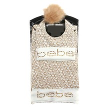 New BEBE Rhinestone Logo Scarf &amp; Pom Pom Hat 2-Piece Set + Gift Box Cream/Gold - £27.96 GBP