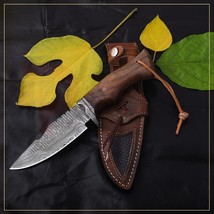 10&quot;Handmade Damascus steel Bobcat Hunting knife Rosewood handle &amp; Leather Sheath - £14.80 GBP