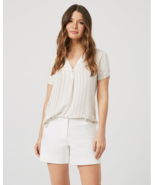 Women Le Chateau Stripe Linen-Like Short Sleeve Blouse Sz XXL Color Whit... - $678.46 MXN