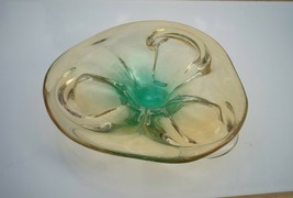 Vintage Hand Blown Murano Sommerso Italian Art Glass Sculpture Bowl Gold &amp; Green - £25.15 GBP