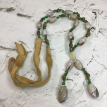 Vintage Handmade Beaded Seashell Necklace Leather Strap Hippie Boho  - £15.87 GBP