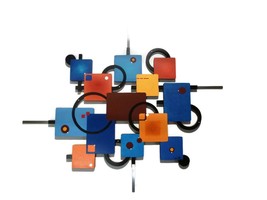 Retro look Geometric Abstract Art Wood Metal Wall Sculpture Hanging 37x31 - £208.97 GBP