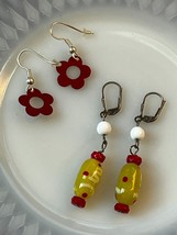 Lot of Lemon Yellow w Red &amp; White Accent Fused Art Glass Barrel Bead &amp; Enamel - £8.84 GBP