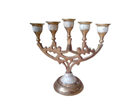 Mother of Pearl 5 Candle Holders Candelabra Menorah Brass Candlestick - £30.01 GBP