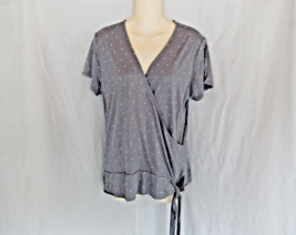 LOFT Outlet top  tie cross-over surplice  Large gray white dots cap sleeves - $12.69