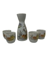 5 Pcs Vintage Heisei Japan Sake Bottles &amp; Cups With Country Scene Gold Gilt - $658.76 MXN