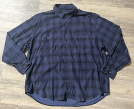 VTG Woolrich Long Sleeve Shirt Dark Navy Plaid 6055 100% Cotton Button Down XXL - £14.13 GBP