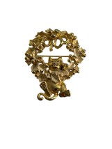 AJC Christmas Brooch Pin Gold Tone Dangling Cat Wreath 2&quot; - £14.79 GBP