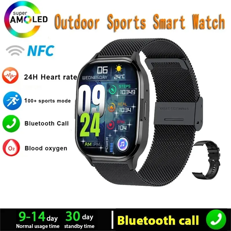 New AMOLED Smart Watch Always On Display Bluetooth Call NFC Smartwatch M... - $100.79