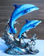 Nautical Marine Sea Ocean 2 Blue Dolphins Swimming Over Reef Waves Figurine - €21,41 EUR