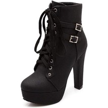 Women Round Toe Ankle Buckle Chunky High Heel Platform Black Boots Size 8.5 - £18.61 GBP
