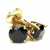 2CT Lab Created Black Diamond Solitaire Stud Earrings Solid 14K Yellow Gold FN - £63.26 GBP