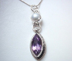 Cultured Pearl and Faceted Amethyst 925 Sterling Silver Pendant - £11.49 GBP