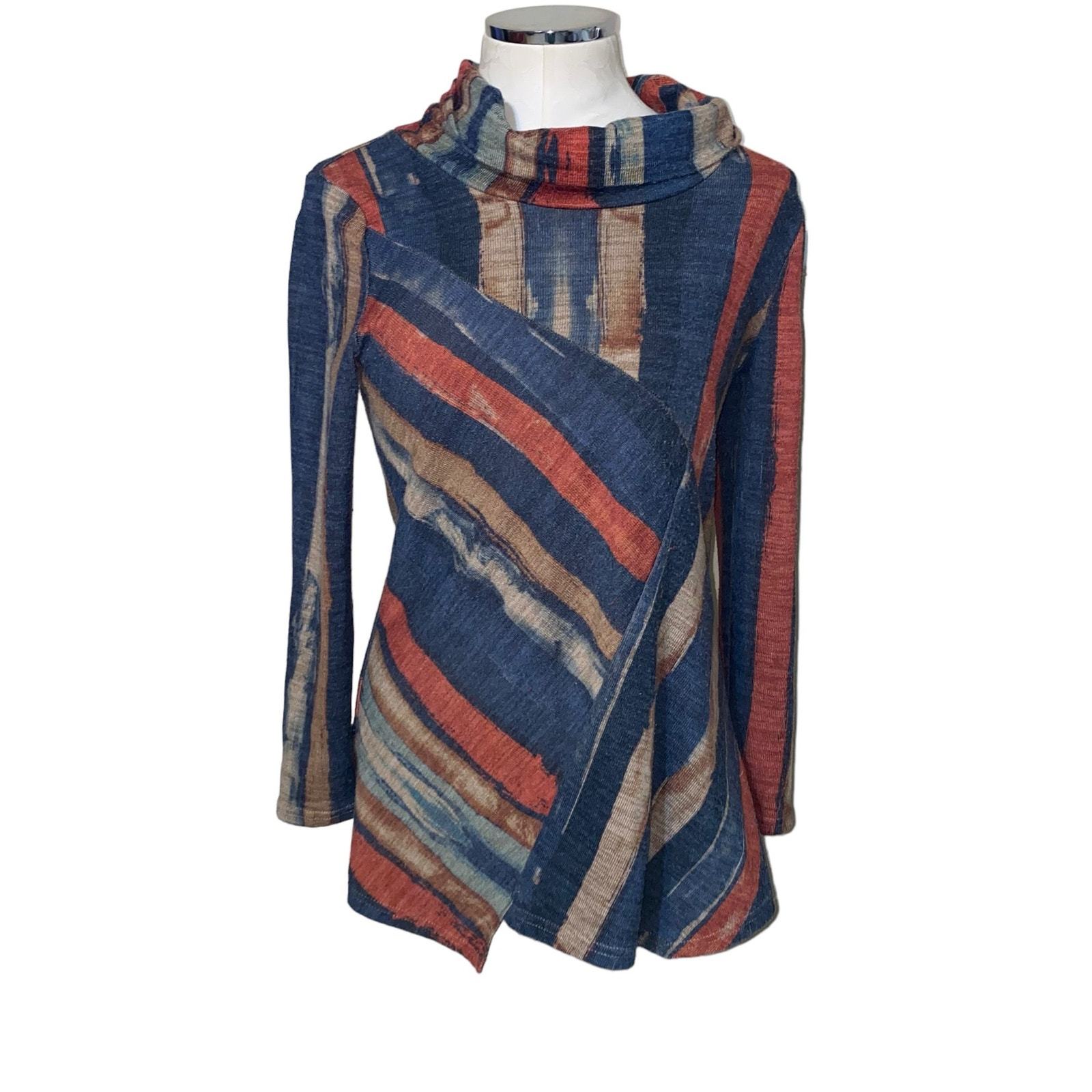 NorthStyle Navy Blue Asymmetric Striped Funnel Cowl Neck Women’s Long Sl... - £16.68 GBP