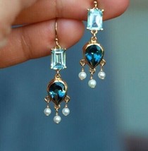 3Ct Simulated Sapphire &amp; Pearl  Chandelier Earrings 14K Yellow Plated Silver - £79.12 GBP