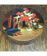 Vintage large round cookie tin with flowers and books design on lid cover  - $27.08 CAD