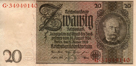 Germany P181, 20 Reichsmark 1929 XF/AU, consecutive numbers - $13.99