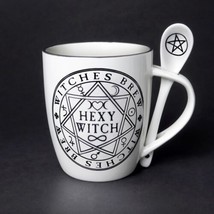 Alchemy Gothic ALMUG15 Hexy Witch Cup &amp; Spoon Brew White Black Coffee Mug Tea - £13.42 GBP