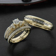 1.50Ct Round Cubic zirconia His/Her Trio Ring Set 14k Yellow Gold Plated-Silver - £149.53 GBP